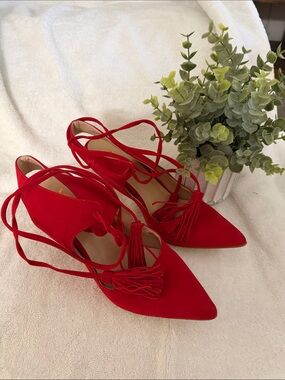 Red Suede like Pointed-Toe Lace-Up Heels with Tassel New never worn